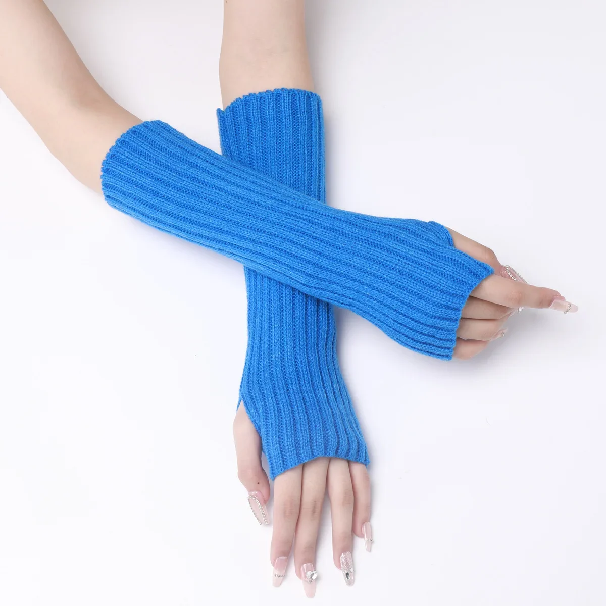 Long Striped Gloves New Cross-border Autumn and Winter Wool Sleeves for Men and Women Long Knitted Warm Fingerless Fake Sleeves