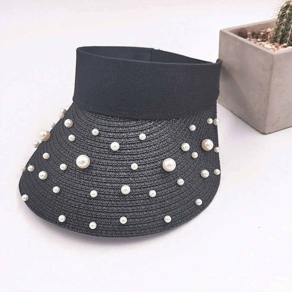 

1pc For Woman Pearl Visor Hat Premium Sunscreen Cap Summer Outdoor Durable Sunproof Hat No Harmful Substances Black