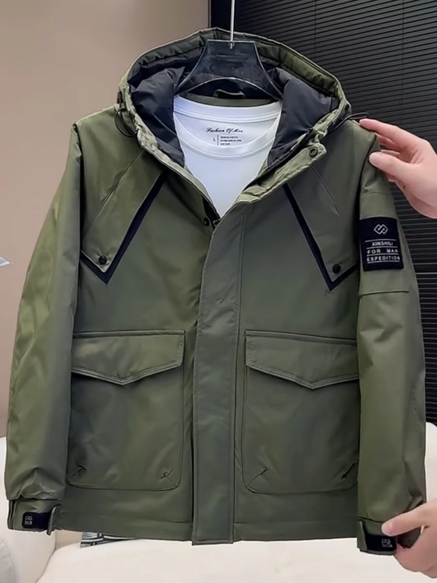 

Мужская утепленная куртка с капюшоном из двойного хлопка, классическая, простая, универсальная, пуховик, хлопковое пальто, зимняя новинка 2025 года