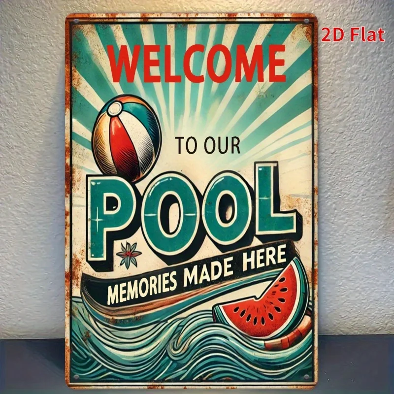 , Tema de piscina, Bienvenido a nuestra piscina, hermosas recuerdos están manten aquí, arte de pared estilo retro hierro decorativo S