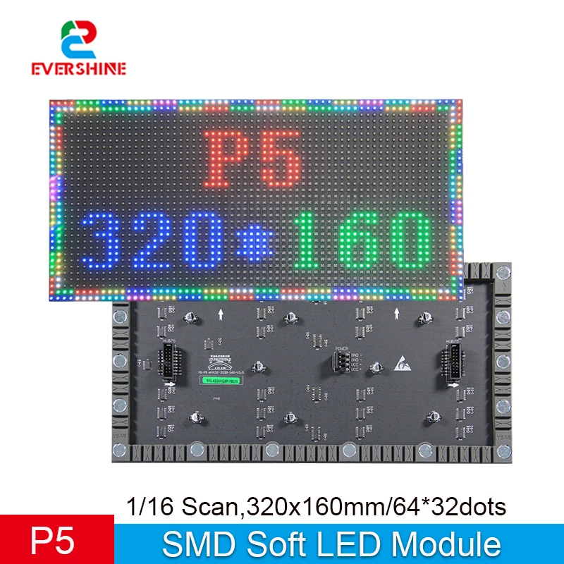 EVERSHINE P5 RGB Soft LED Module 320x160mm 64x32 Dots 1/16 Scan Flexible LED Display Panel for Indoor Curved Screen Advertising