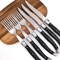 8'' Laguiole Style Black Steak Knives and Forks Stainless Steel Dinner Fork Plastic Handle Table Knives Dinnerware set 2-10pcs
