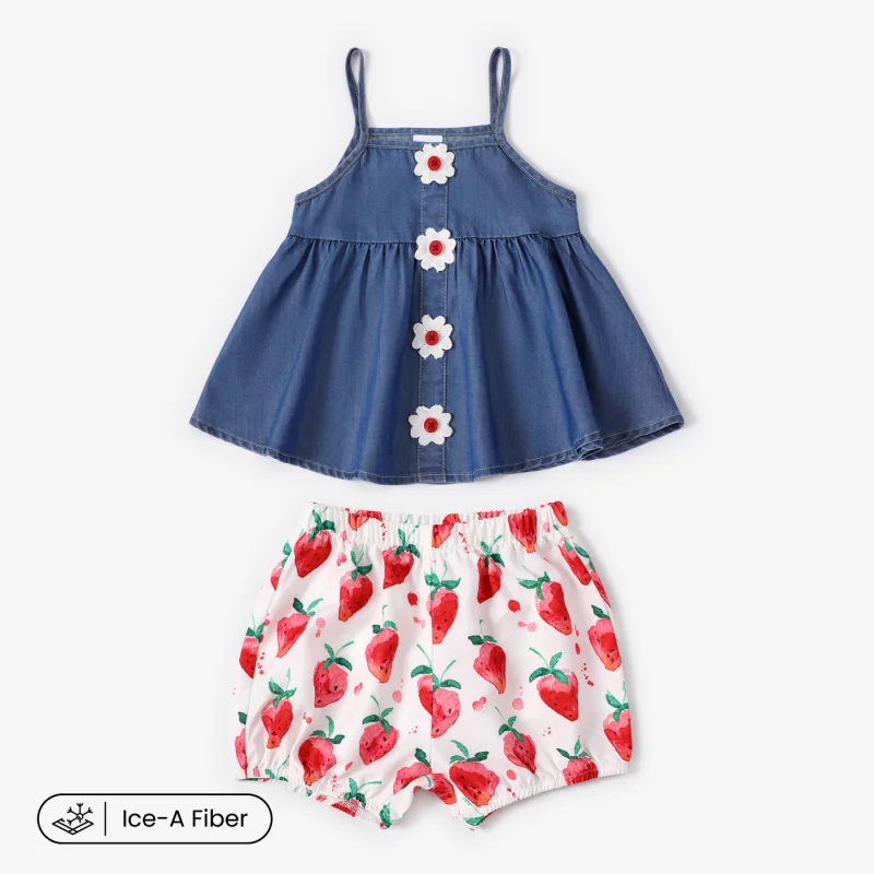 PatPat Baby Girl 2pcs Cooling Denim Camisole and Floral Print Shorts Set