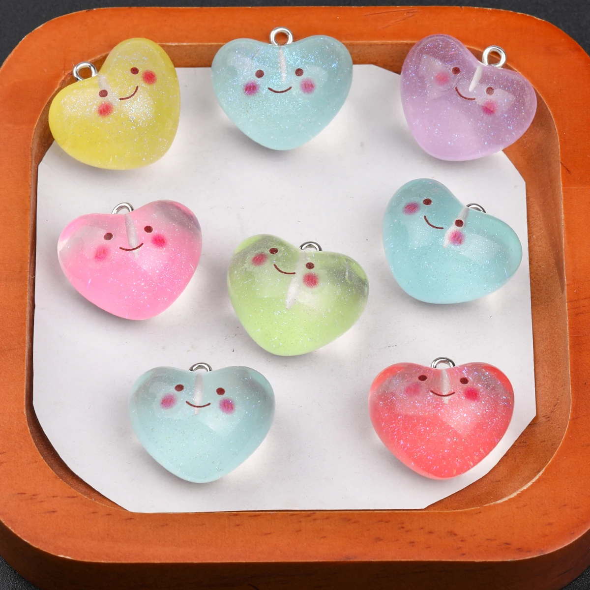 15/30pcs Random Color Glitter Smiley Heart Acrylic Charms 18*23mm Beads For DIY Bracelet Necklace Hair Accessories Craft Making