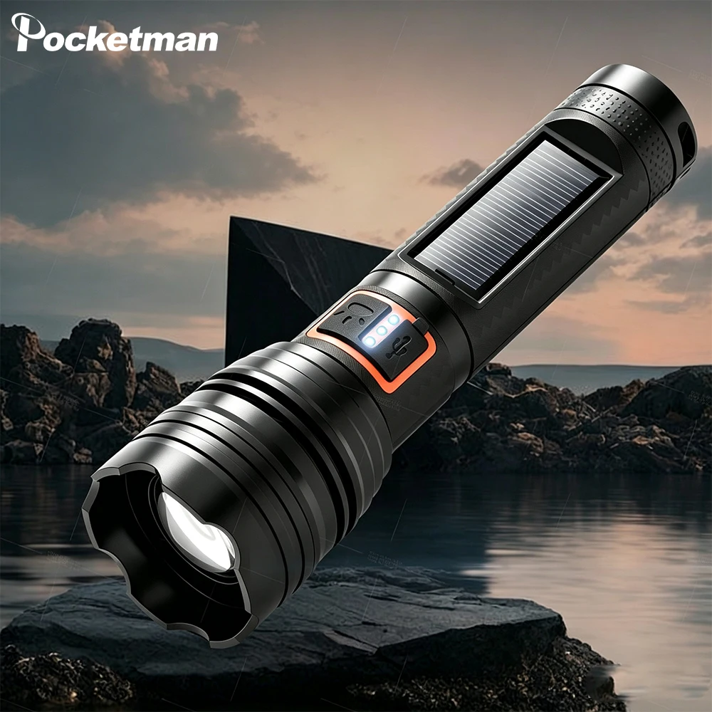 Solar Powered Zoomable LED Flashlight Rechargeable Handheld Torch with Battery Indicator Type‑C Charging Emergency Light