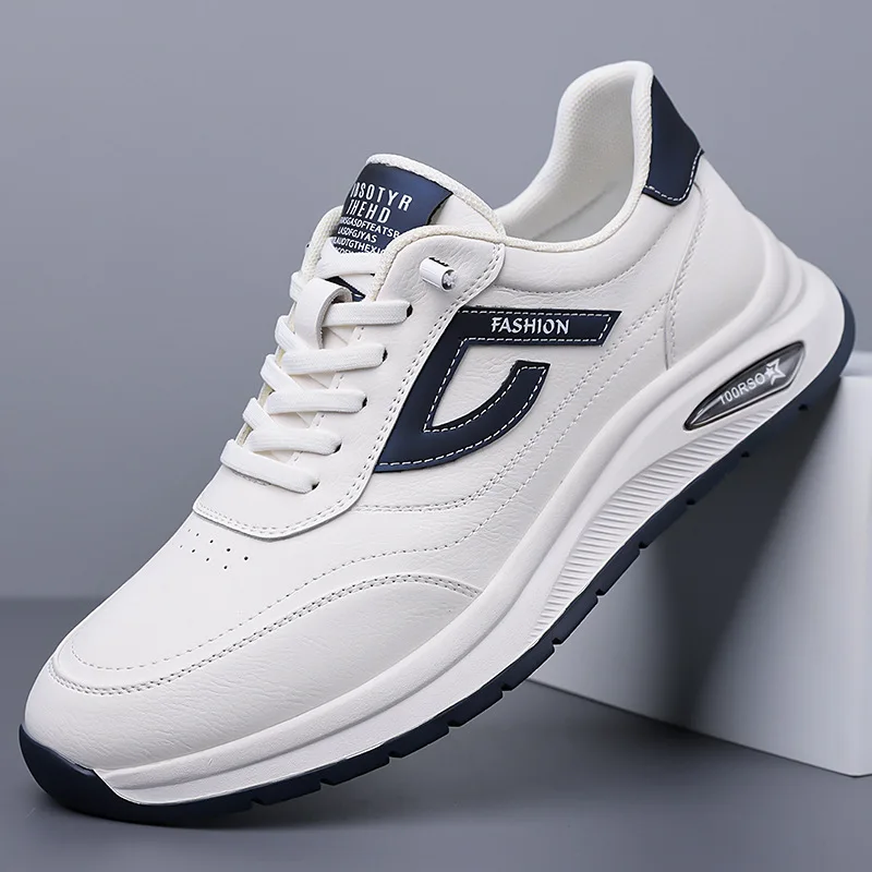 

New Men's Cow Leather Casual Sports Shoes Lace-Up Designer Fashion Walking Sneakers Solid Color Sports Running Shoes for Man