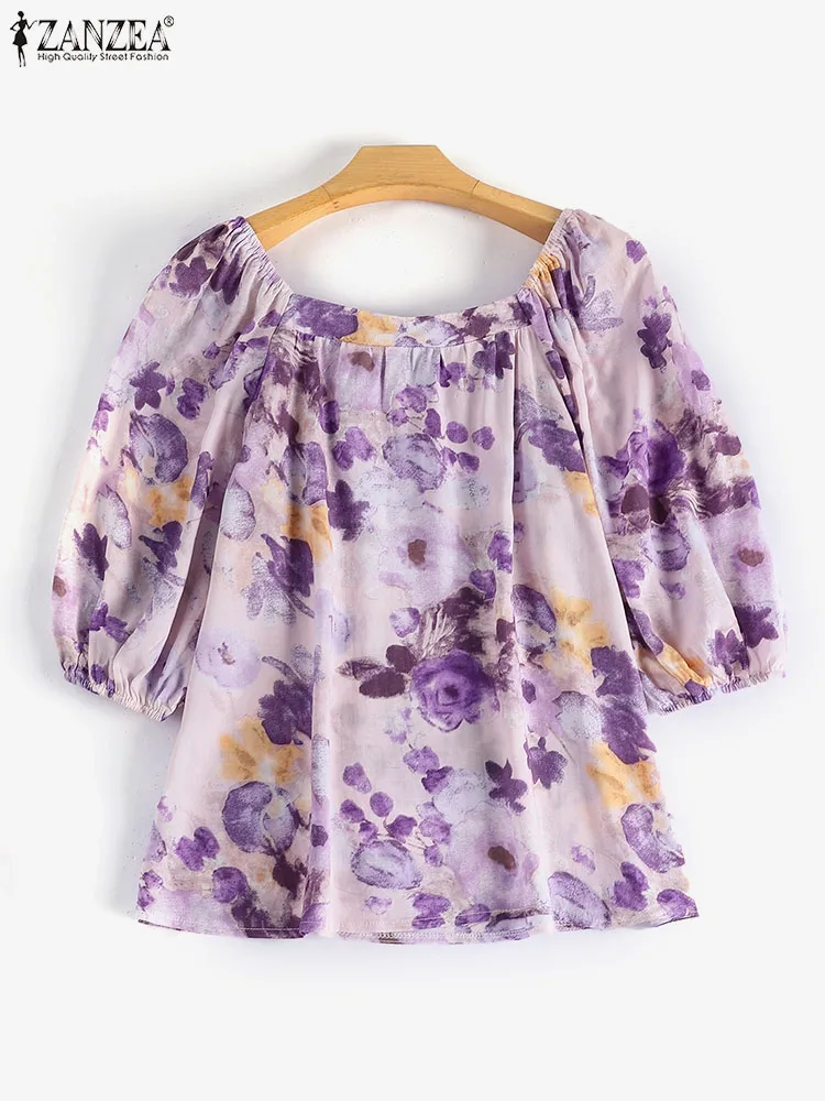 ZANZEA-Blusa con estampado Floral para mujer, Top coreano de media manga abullonada con cuello cuadrado, camisa holgada informal, Túnica Bohemia,