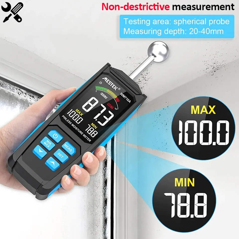 WM710A Digital Wood Moisture Meter Hygrometer Non-contact Timber Damp Detector Alarm Non-destructive Measurement Humidity Tester