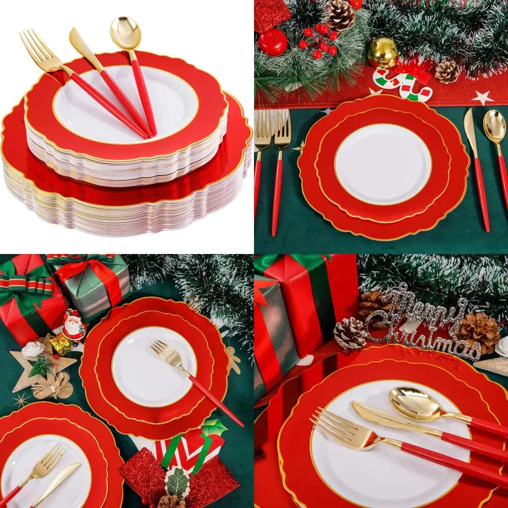 

Red and Gold 4th of July Disposable Plates with Silverware - Christmas Style Baroque Plastic Dinnerware for Parties