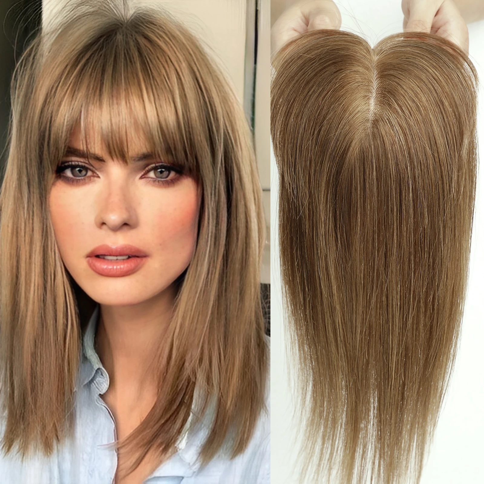 14 inch bruin ombre rechte zijden basis menselijk haar topper met pony 100% remy haarstukje voor vrouwen dunne top clip-in extensions
