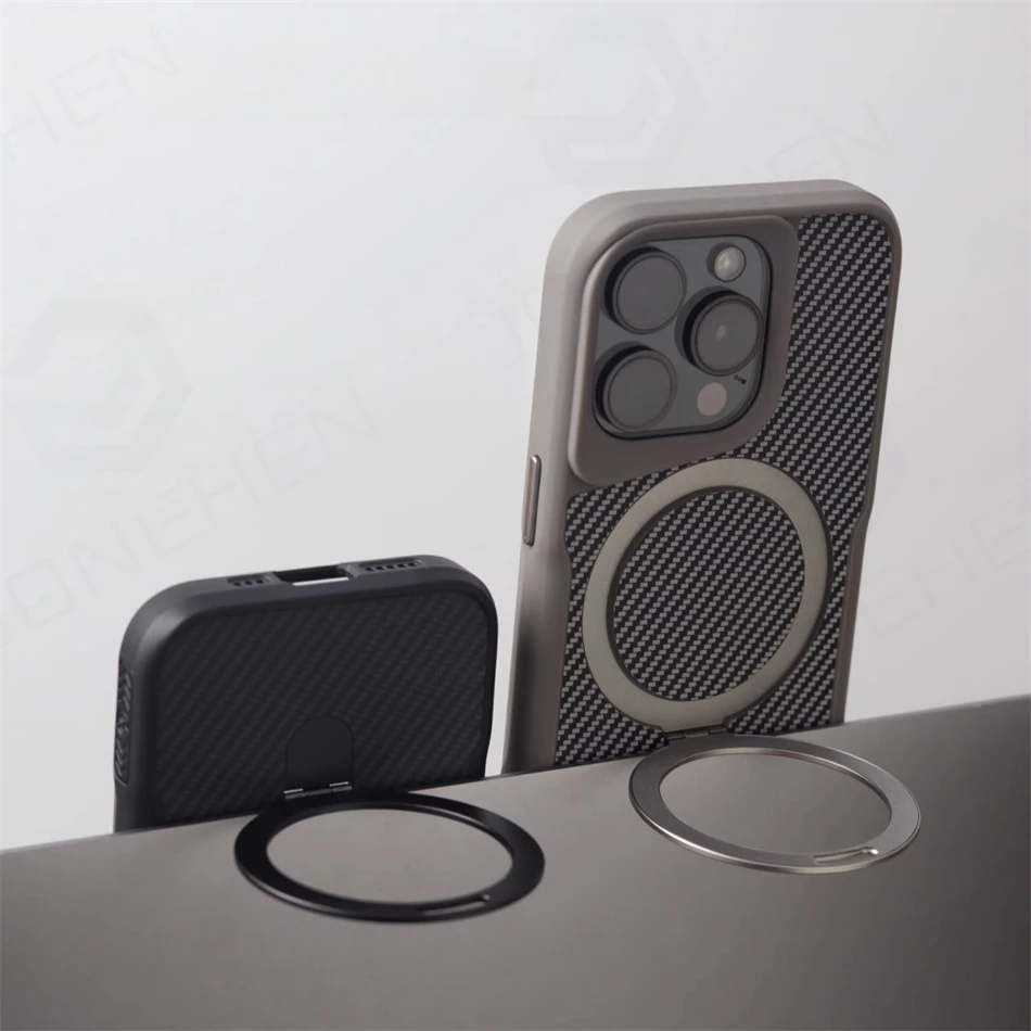 Luxury For Magsafe Shockproof Frame Armor Case For iPhone 13 15 12 14 16 17 Pro Max Metal Bracket Carbon Fiber Pattern Cover