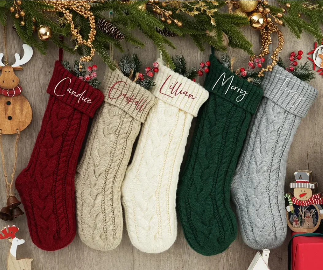 Embroidered Christmas Stocking,2024 Christmas Family Stocking，Personalized Family Christmas Stockings,Knitted Stocking With Name