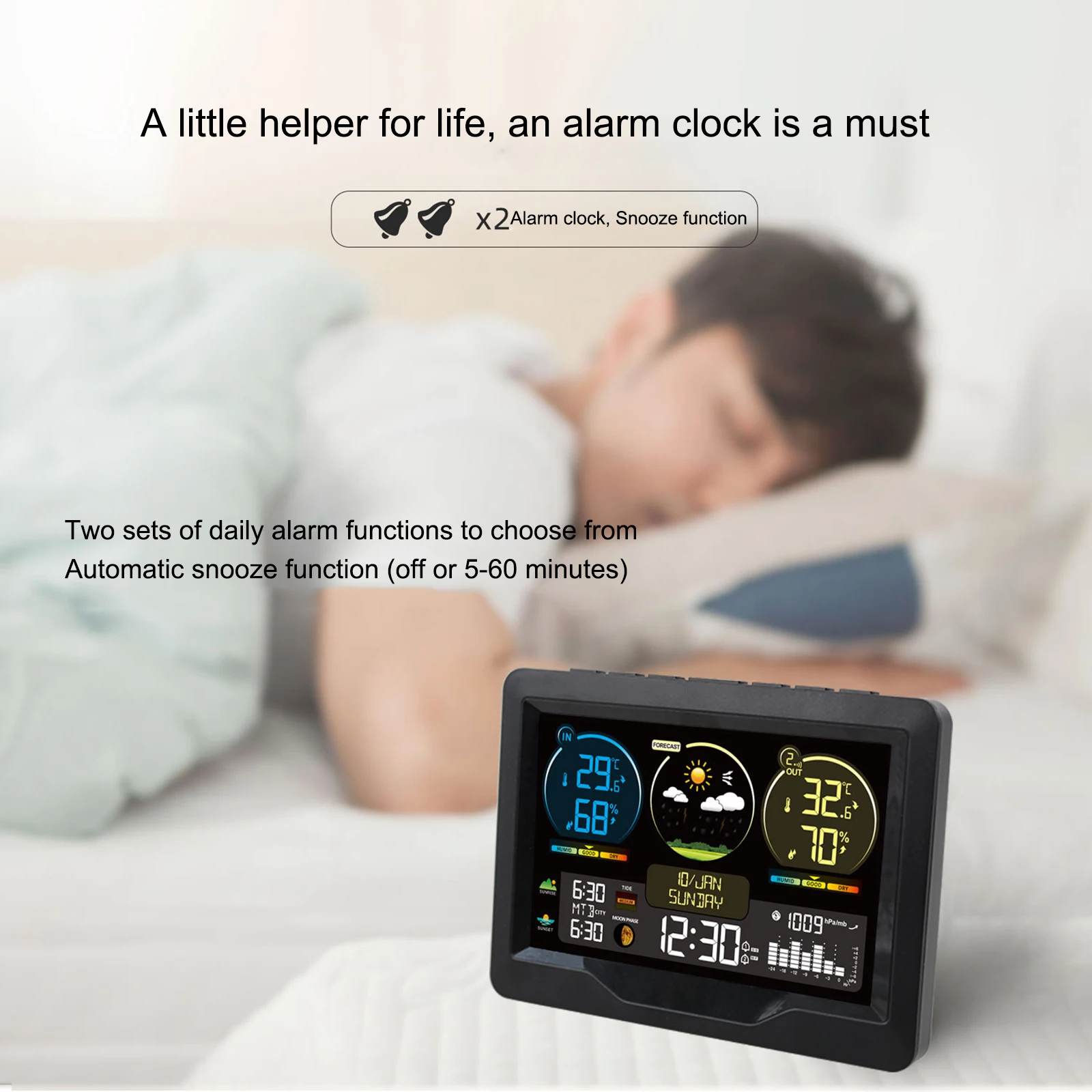 Multifunction Weather Station Alarm Clock 12/24h Thermometer Hygrometer Touchscreen Wireless Sensor Sunrise Sunset Indoor Outdoo