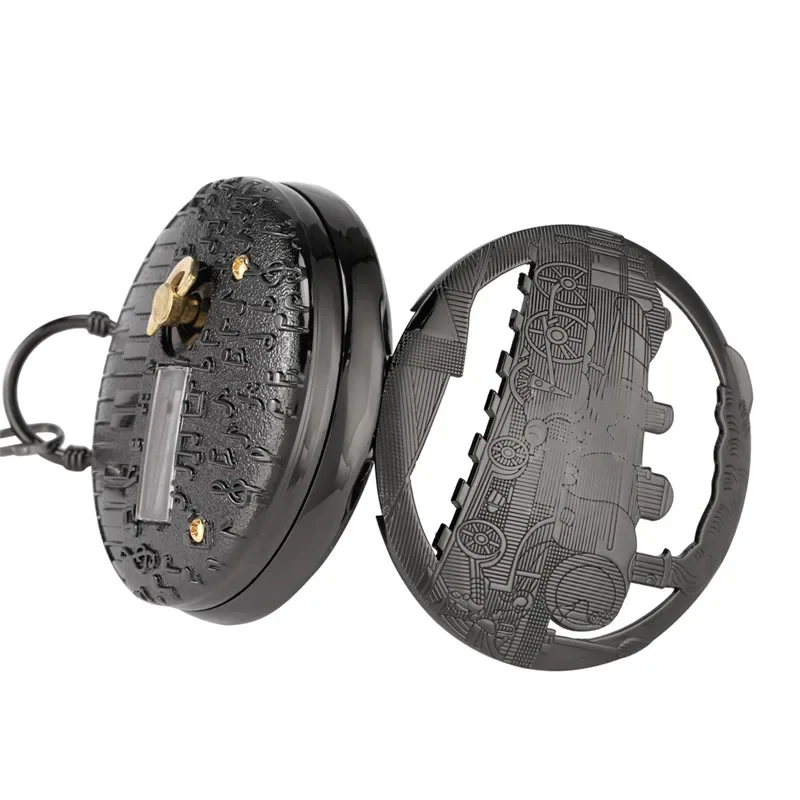Unique Hollow Locomotive Train Case Playing Music City Sky Song Men Women Quartz Analog Pocket Watch FOB Pendant Chain Clock