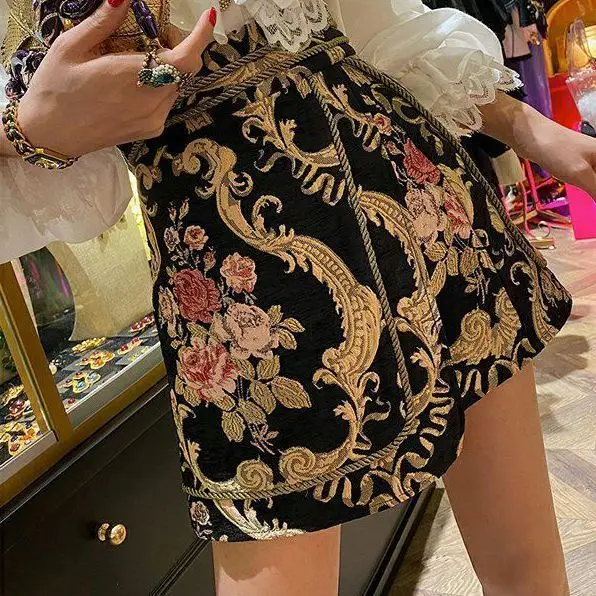 خمر زهرة الجاكار مصمم تنورة المرأة عالية الخصر وهمية اثنين المرقعة ألف خط التنانير الإناث 2025 المشاهير شيك السراويل تنورة #5