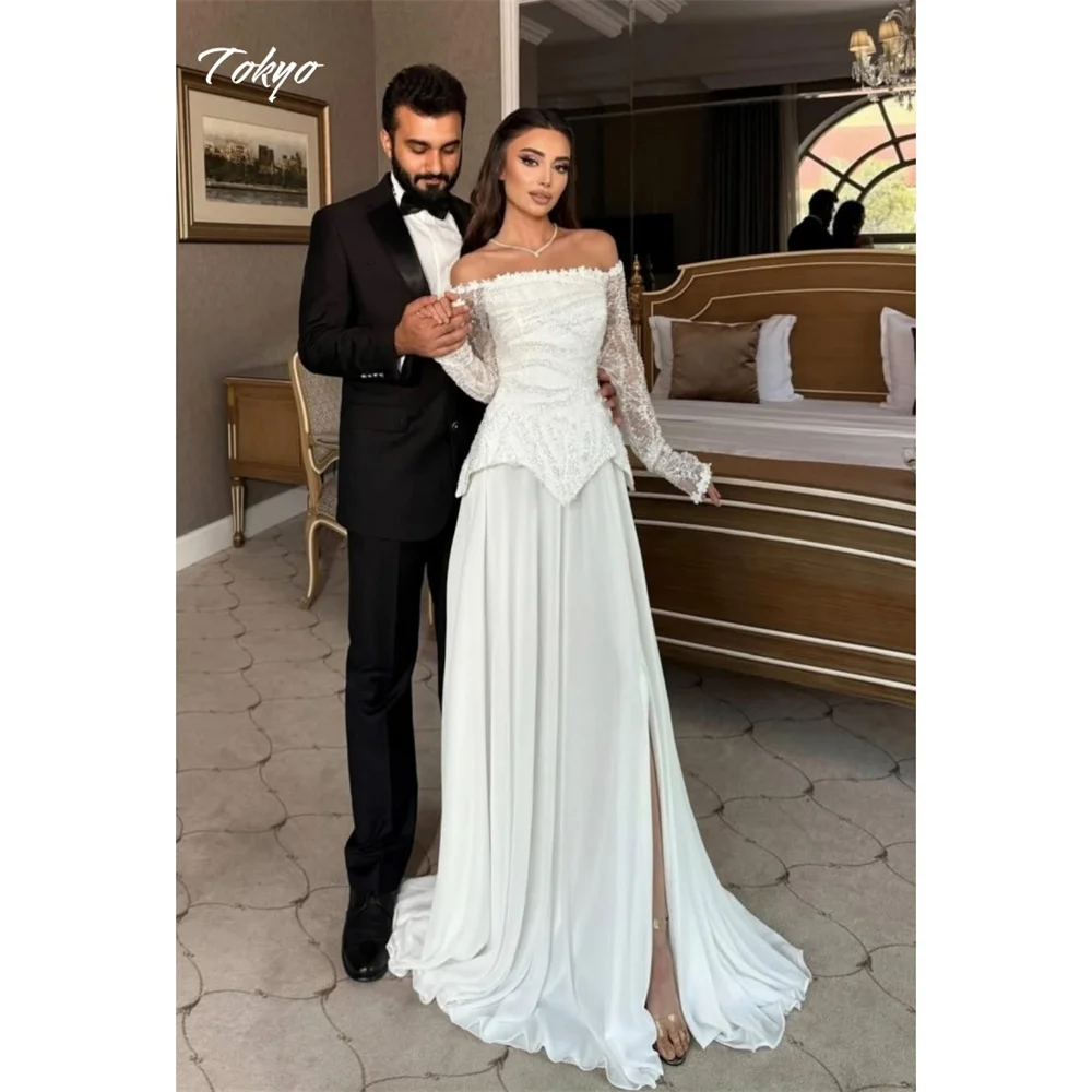 

Tokyo Customized White Side High Split Wedding Dress Off the Shoulder Long Sleeve Bridal Gown Court Train Elegant Wedding Gown