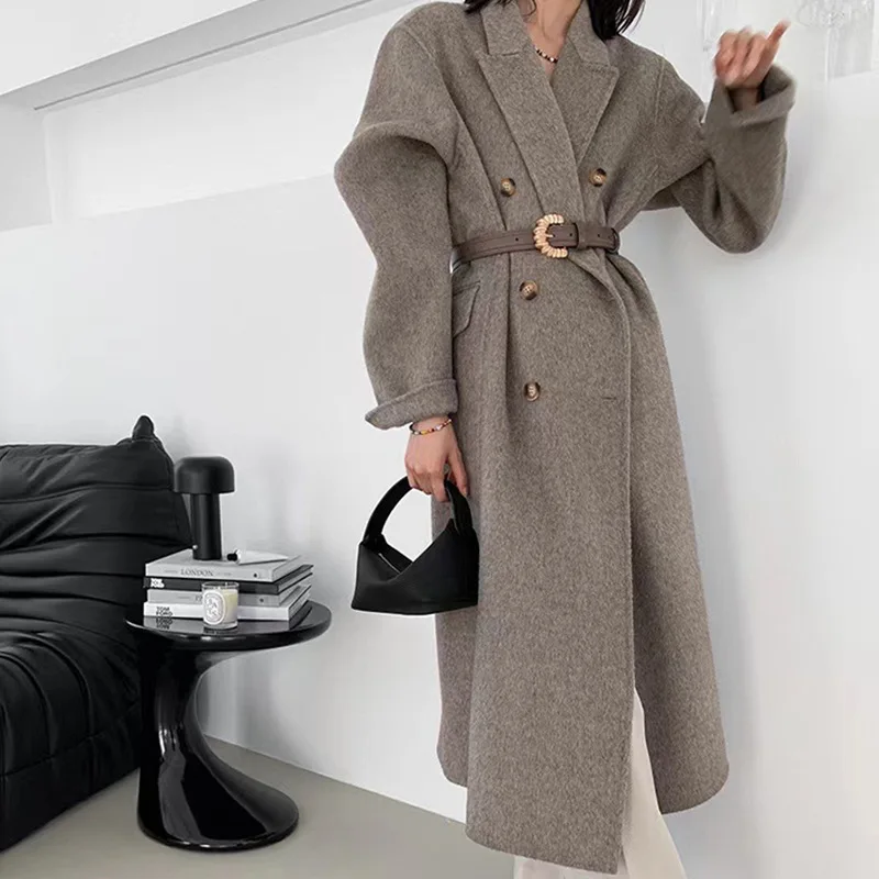 2023 Autumn Women Drouble Breasted Woolen Coat Turn Down Collar Cashmere Winter Clothes Long Coats Tops New