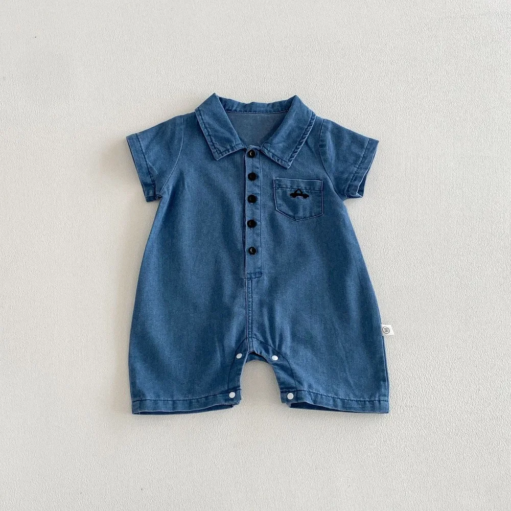 Summer Baby Boy Denim Romper 0-2Years Fashion Newborn Solid Color Short Sleeve Turn Down Collar Soft Jeans Jumpsuit Clothes