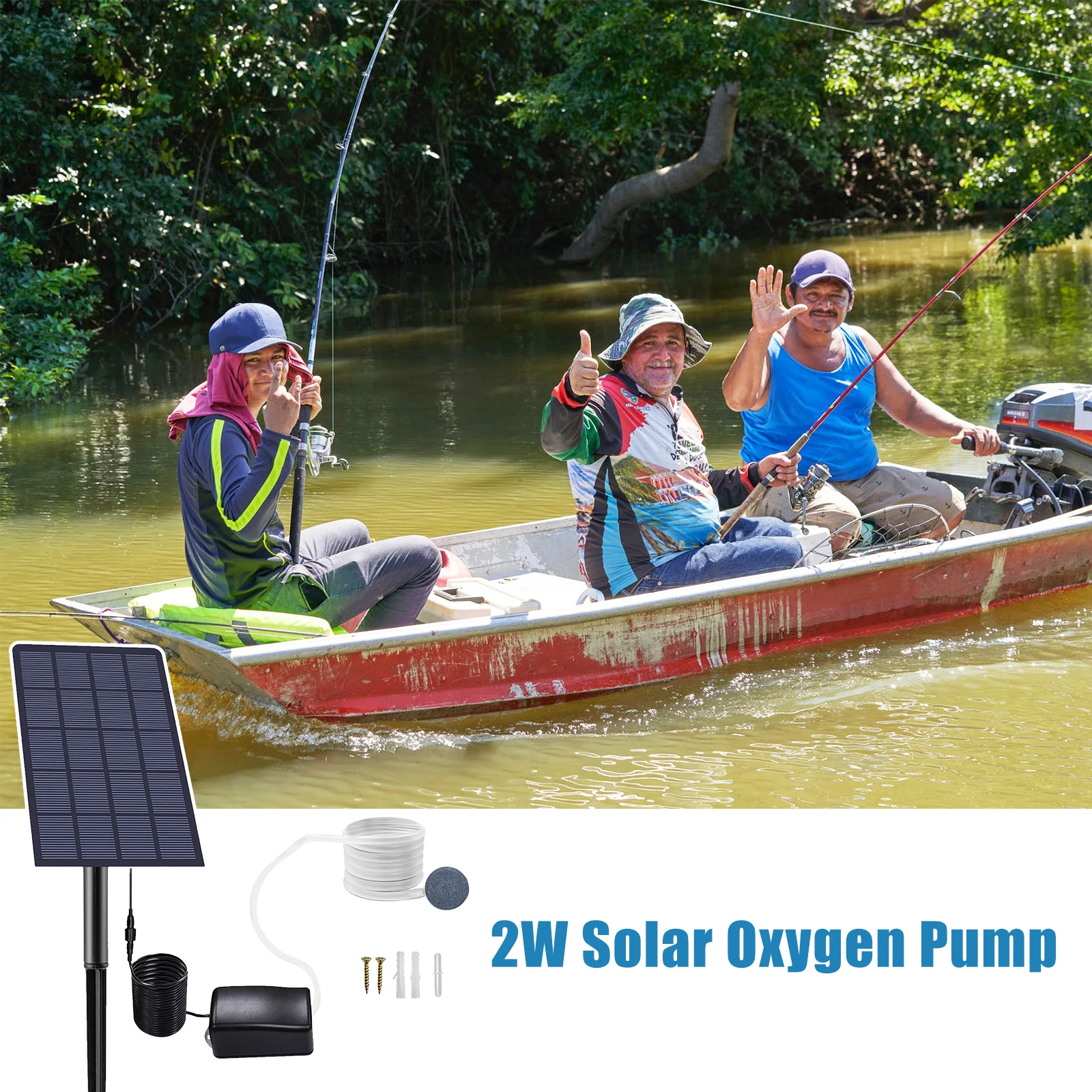

2W Plug-in Solar Oxygen Pump Fish Tank Oxygenator Aquarium Oxygen Aerator Air Pump Fishing Aerator with Pipe Air Bubble Stones f