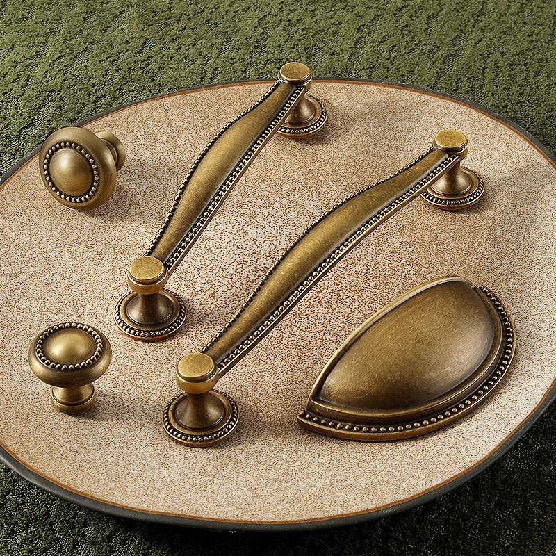 Vintage Antique Brass Cabinet Handles Set - Beaded Edge Drawer Pulls & Knobs with Cup Pulls Solid Brass Cabinet Handle