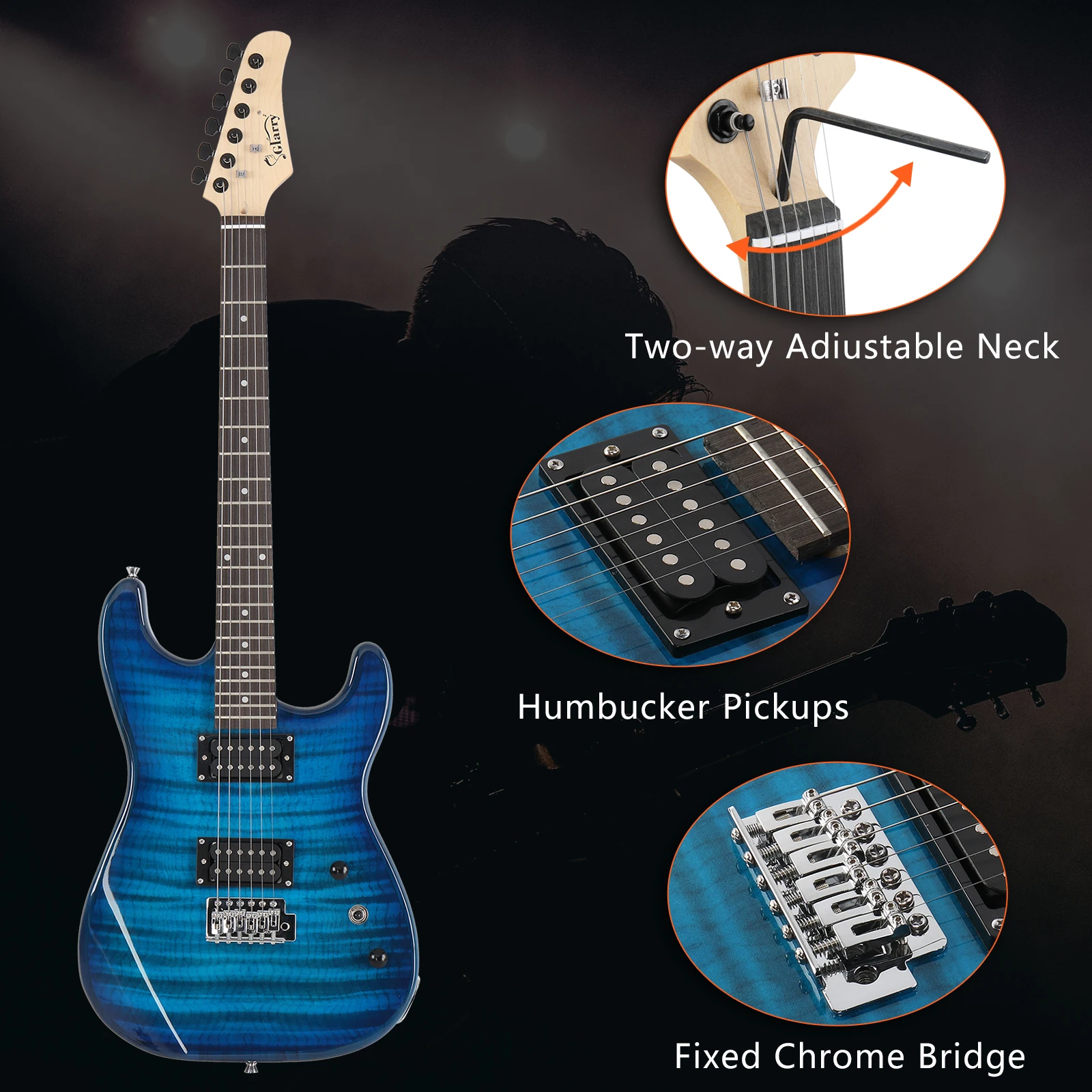 Kit per chitarra elettrica GST elegante pickup HH Tiger Stripe con tracolla per chitarra con borsa AMP da 20 W blu