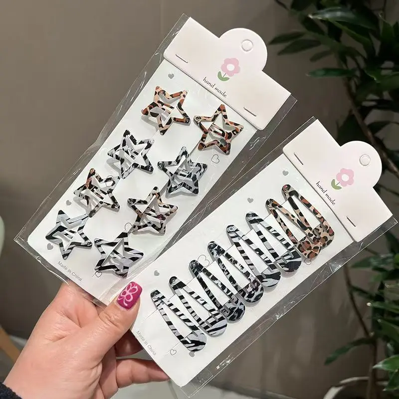 1. 8Pcs Vintage Leopard Print BB Hair Clips, Geometric Star‑Shaped Barrettes for Women Girls Bangs Fixing Hair Accessories