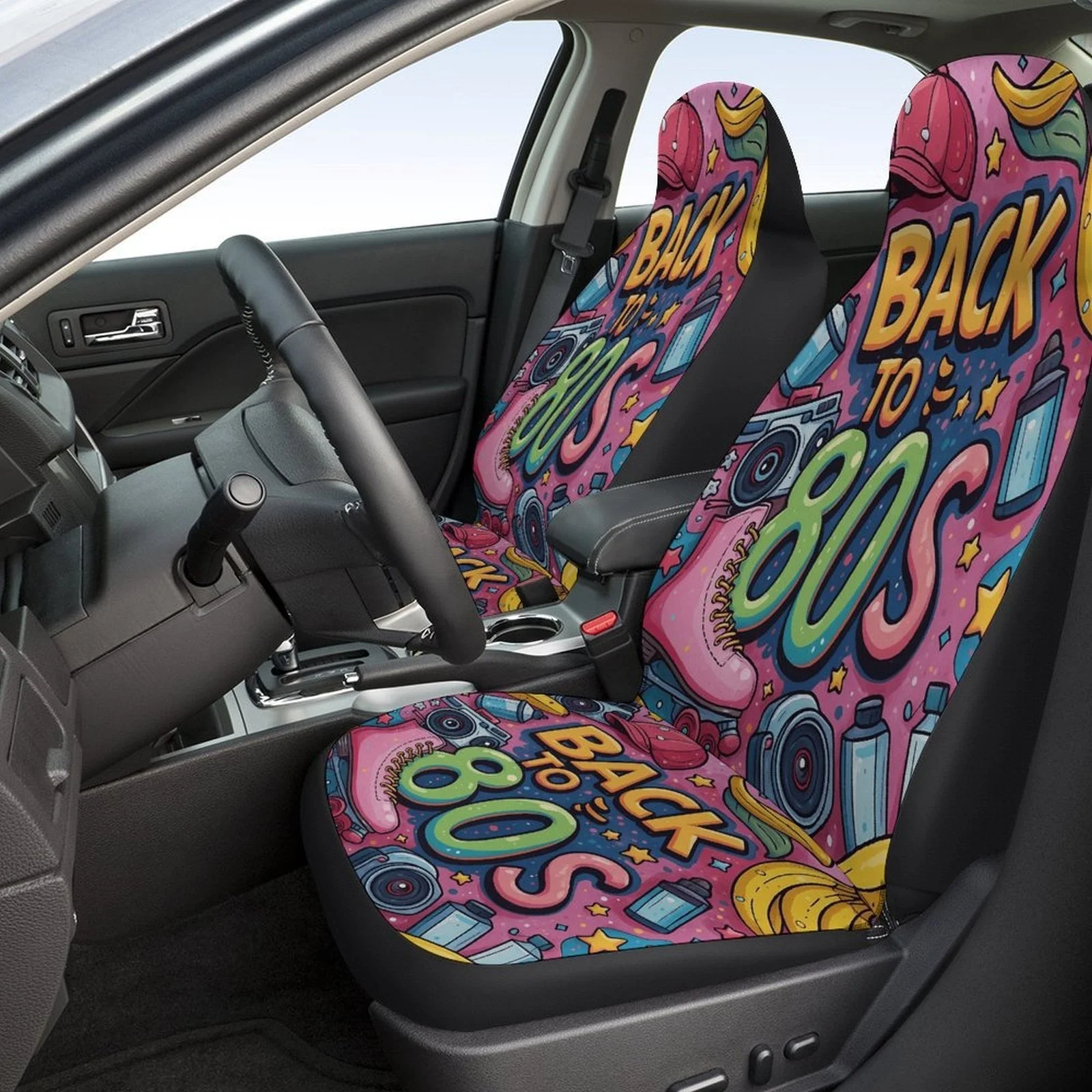 Back To 80s Retro Car Seat Cover Set - Vibrant 80s Pop Culture Design With 