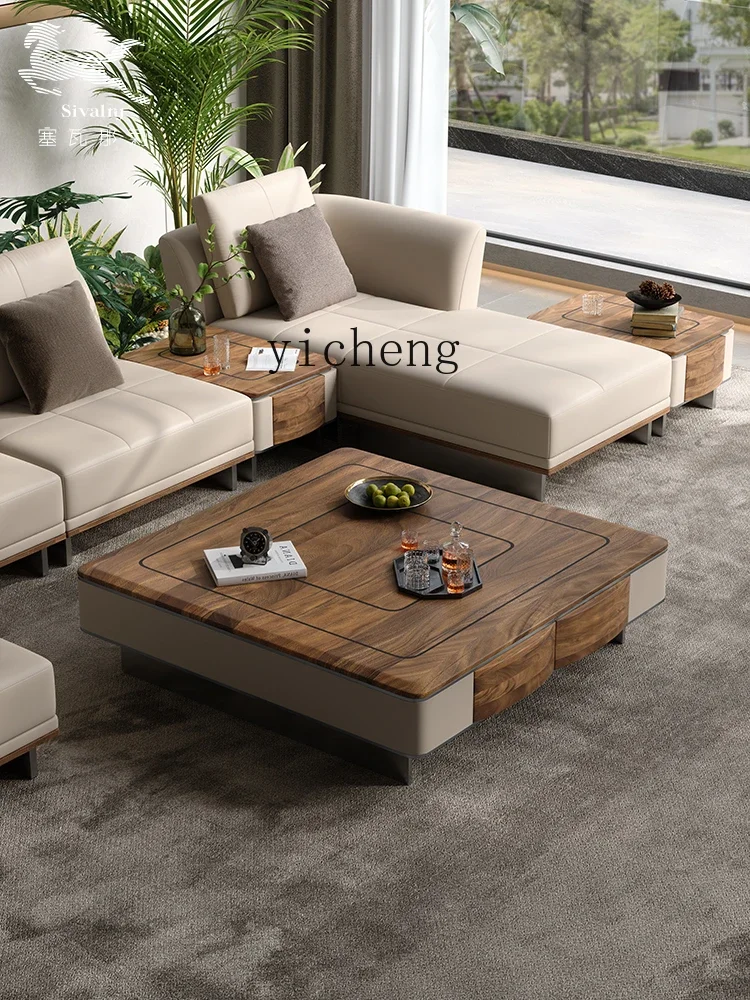 YY French Retro Solid Wood Walnut Square Marble Living Room Coffee Table