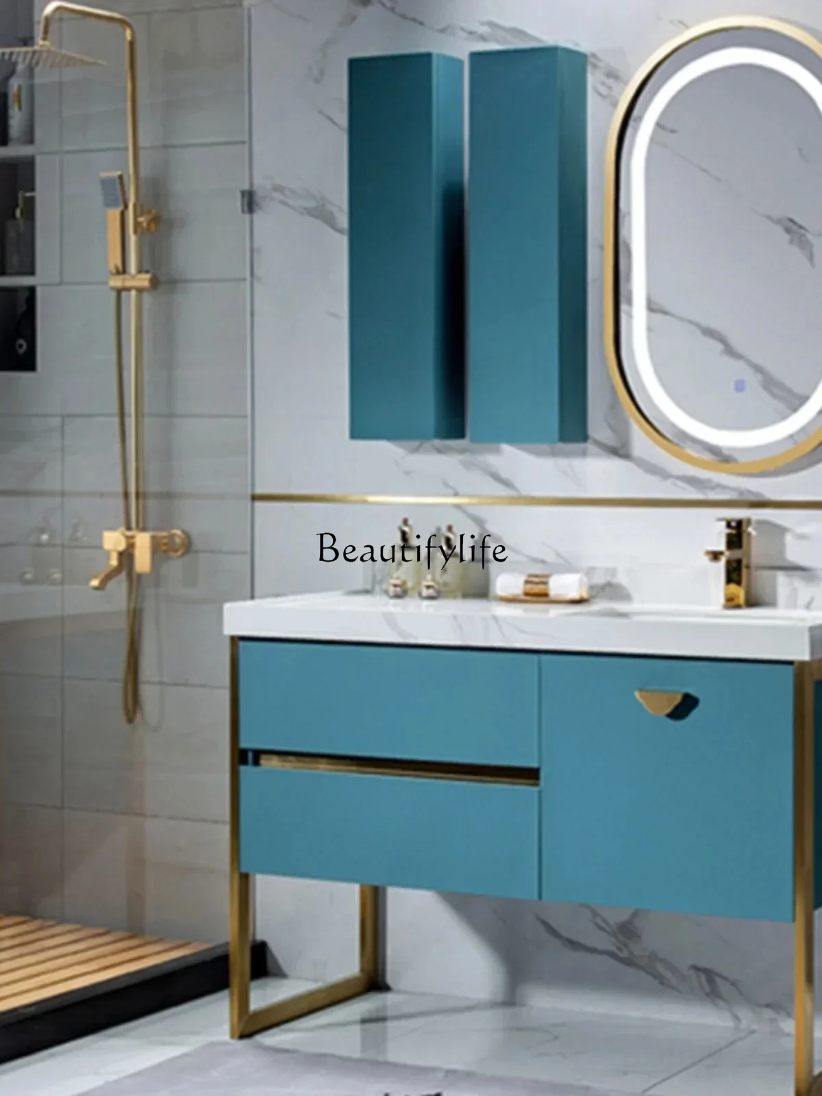 

simple modern light luxury stainless steel bathroom cabinet washstand smart marble