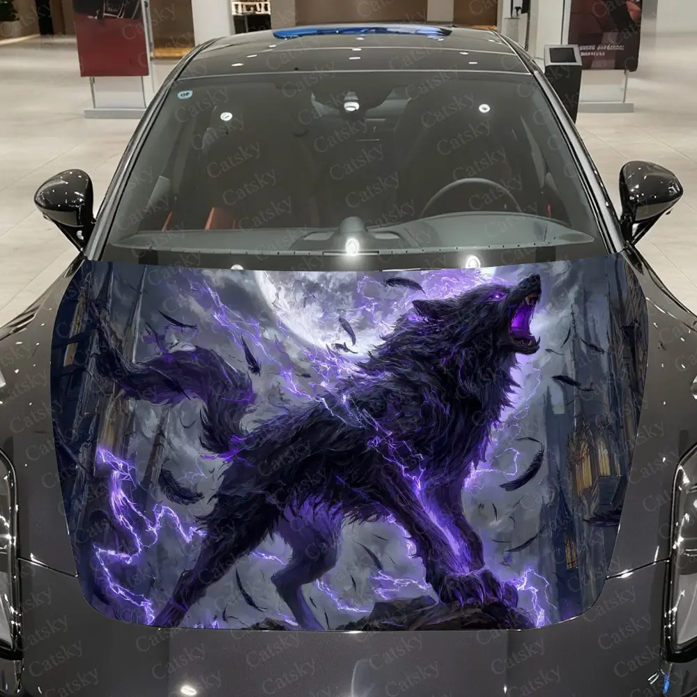 Dark Shadow Purple Thunder Battle Wolf Car Vinyl Wrap, PVC Waterproof Car Hood Sticker, Self-Adhesive Scratch-Resistant Stickers