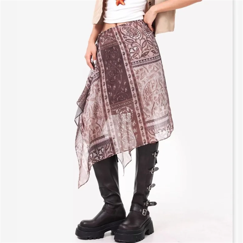 Retro Printed Midi Skirt for Women Slimm A-line beach skirt asymmetric print skirt Belted waist Dress Summer Ladies Clothes