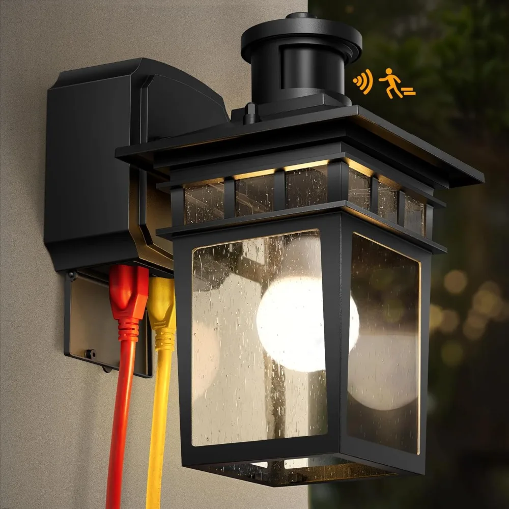 

Porch Lights with GFCI Outlet, Black Dusk to Dawn Motion Sensor Outdoor Light, 3-Mode Wall Exterior Lighting Fixture