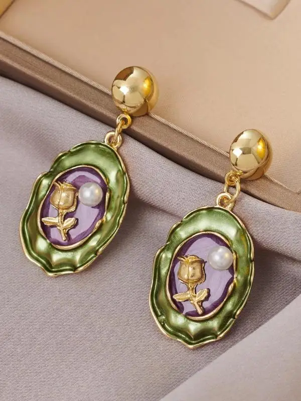 Pendientes Es Vintage con Pintura al Óleo Verde, Flores y Perlas, Estilo Barroco, Joyería de Moda, Decoración para Ore...
