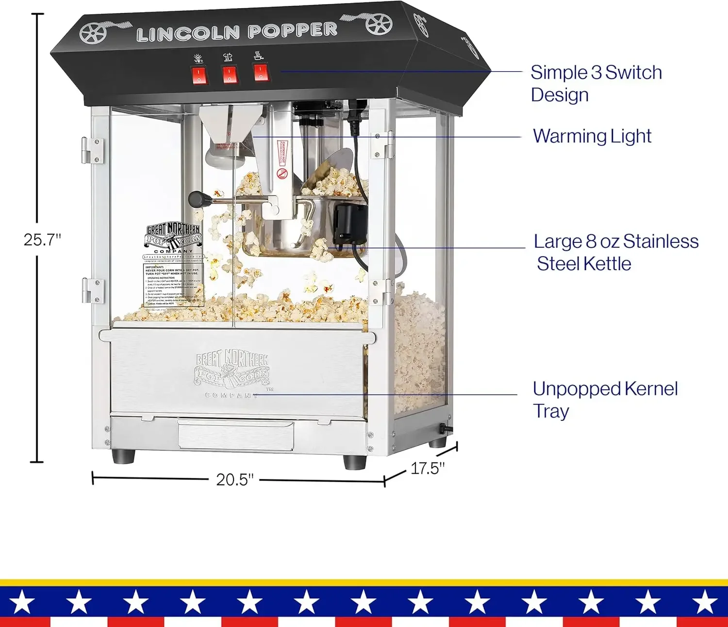 Máquina de pipoca - Popper de 8 onças com chaleira de aço inoxidável, bandeja de núcleo rejeitar, luz de aquecimento e acessórios da Great Northern Po