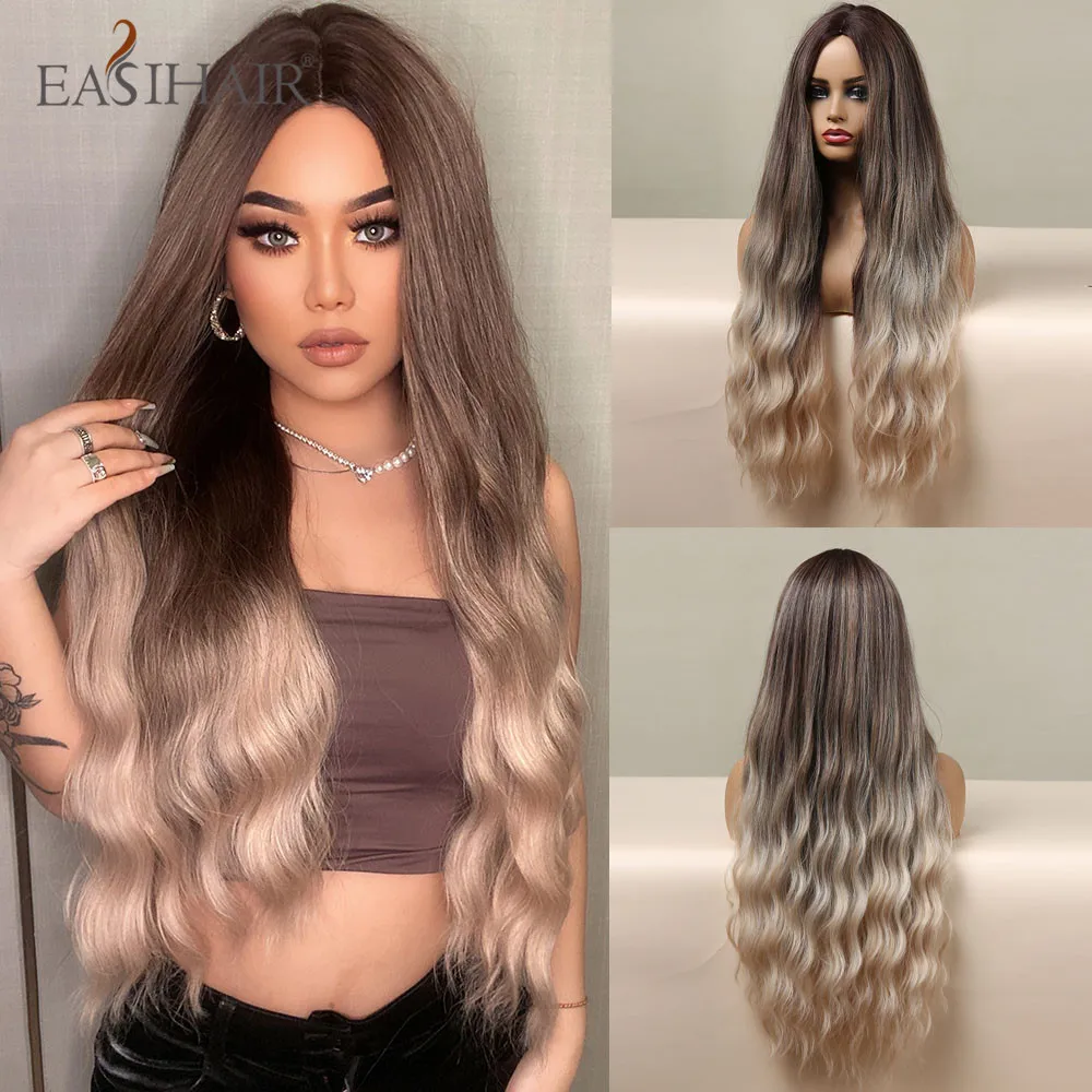 EASIHAIR Long Water Wave Synthetic Wigs Ombre Brown Blonde Hair Wig for Women Heat Resistant Women's Wig for Daily Cosplay Party