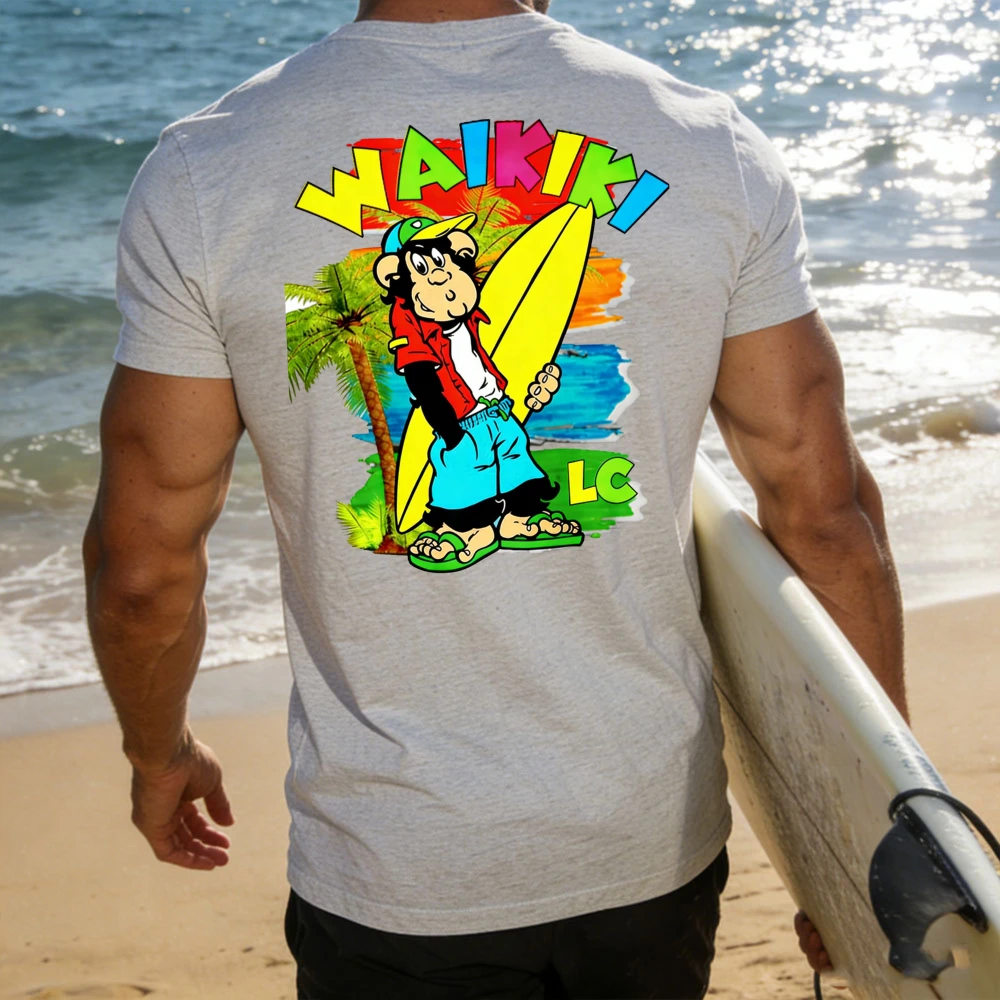 Cartoon Monkey Surf Waikiki T-Shirt für Männer und Frauen, kurzärmelig, Rundhalsausschnitt, Retro, hawaiianischer Strand, Geschenk, Bekleidung, Oberteile, übergroßes T-Shirt
