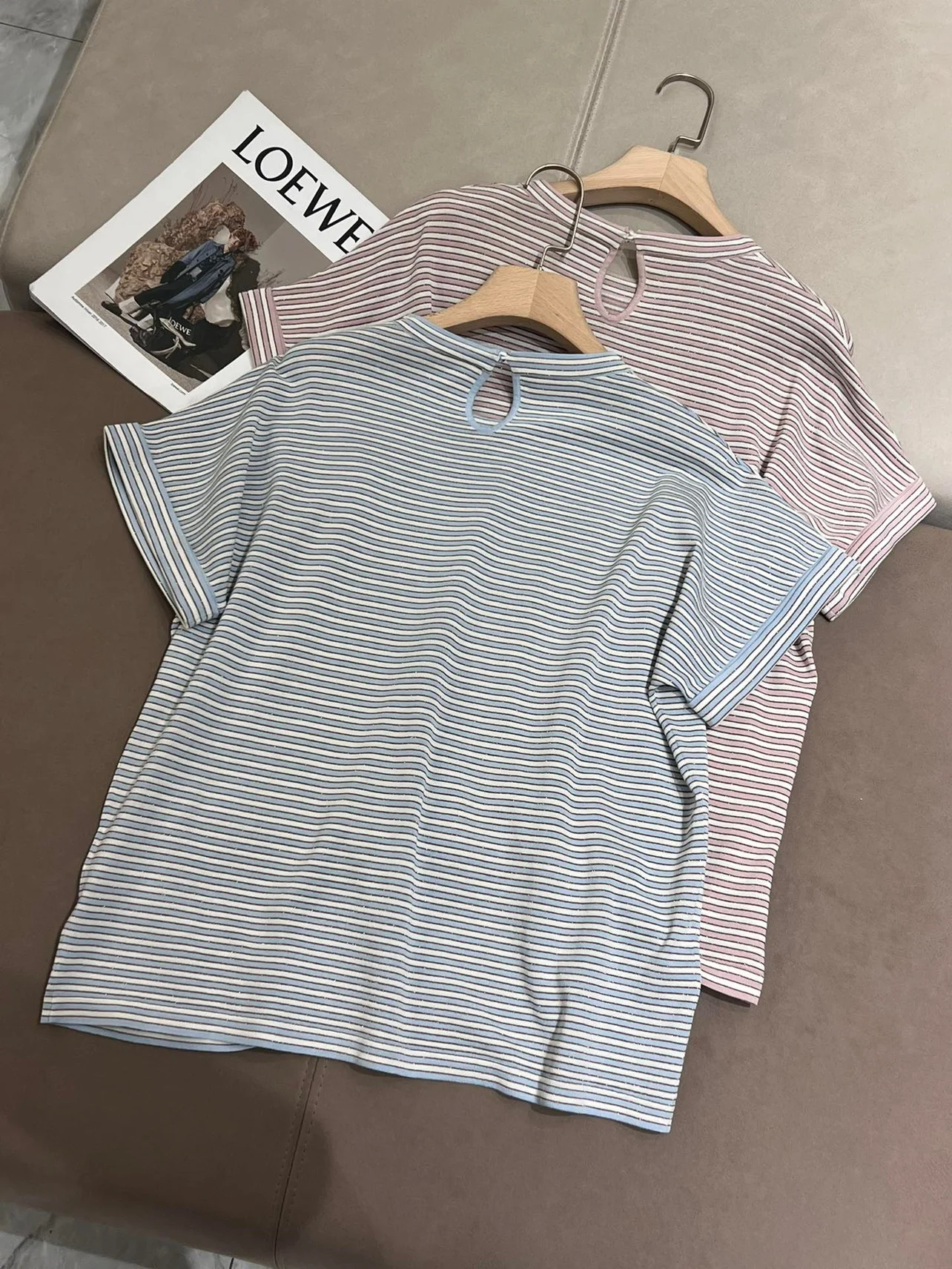 Classic striped silk cotton blend casual loose short sleeved T-shirt