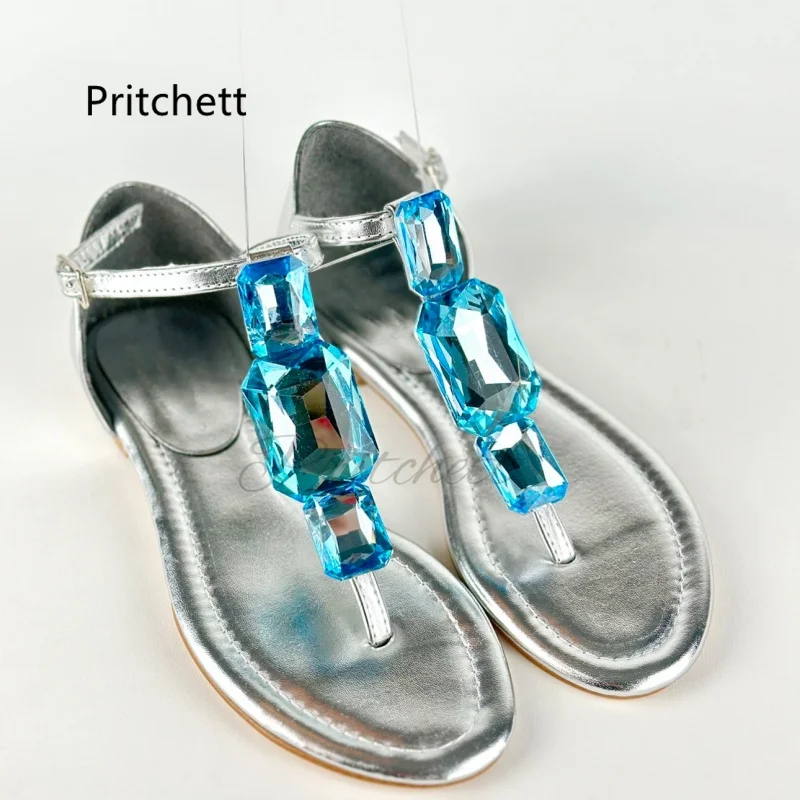 Flip Flops Gemstone Flats Sandals Women Summer Silver Leather Cover Heel Clip Toe Big Diamond Flats Casual Gladiators Shoes