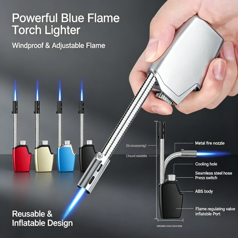 

Foldable Tube Jet Lighter, Steady Blue Flame Anti-wind Design, Portable Inflatable Butane Ignition Tool for Home Outdoor Use