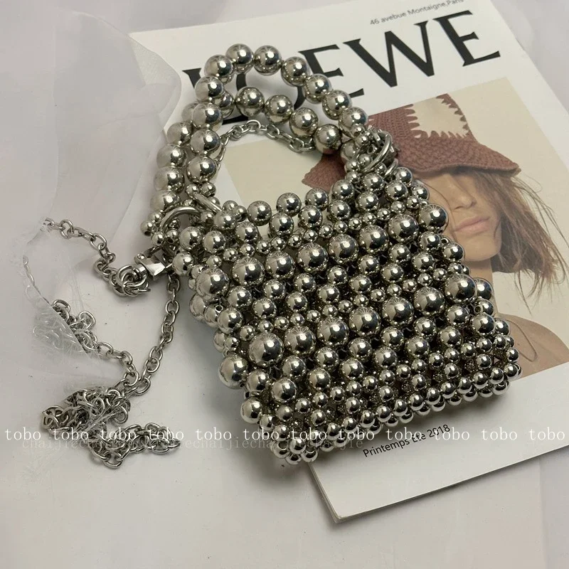 Round Beaded Woven Wallets with Long Metal Chain Silver Little Purses for Women Evening Catching Designer Crossbody Bags Luxury