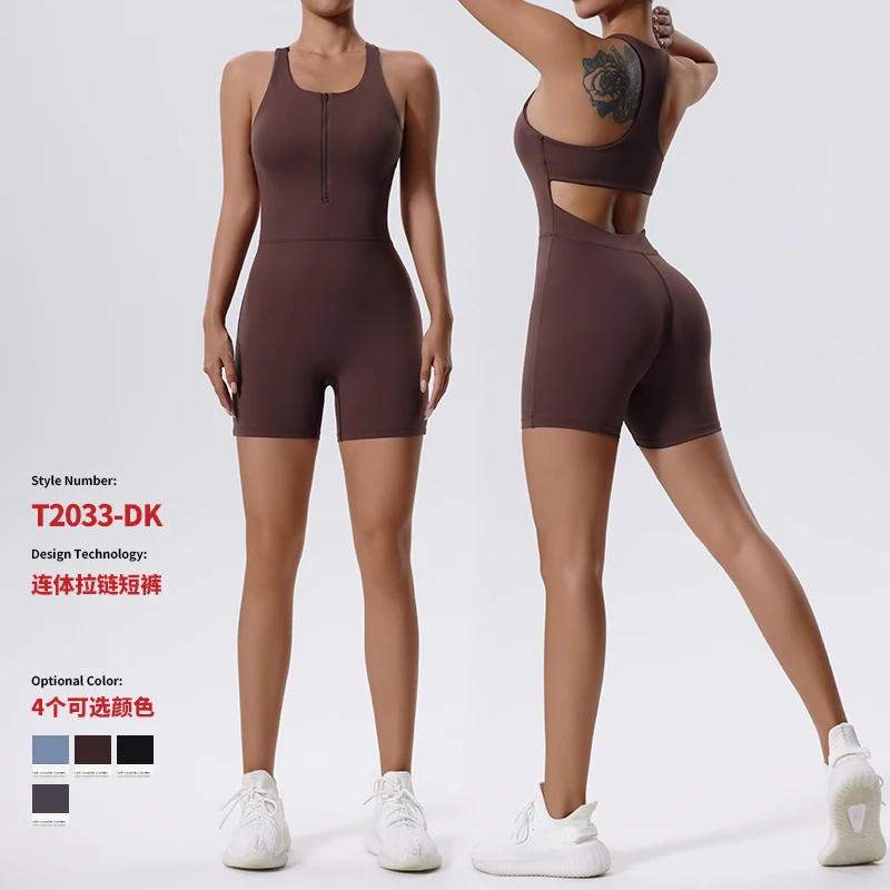 Yoga Romper Sexy Hollow Backless Scrunch Butt Sport Jumpsuit Short One Piece Gym Outfit Sleeveless Zipper Fitness Overalls