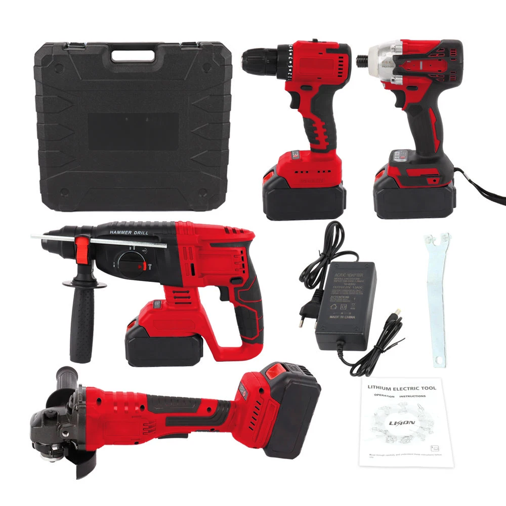 4 In 1 Cordless Power Tool Sets 21V Brushless Li-ion Battery Cordless Drill Hammer Wrench Impact Drill Electric Tool Set