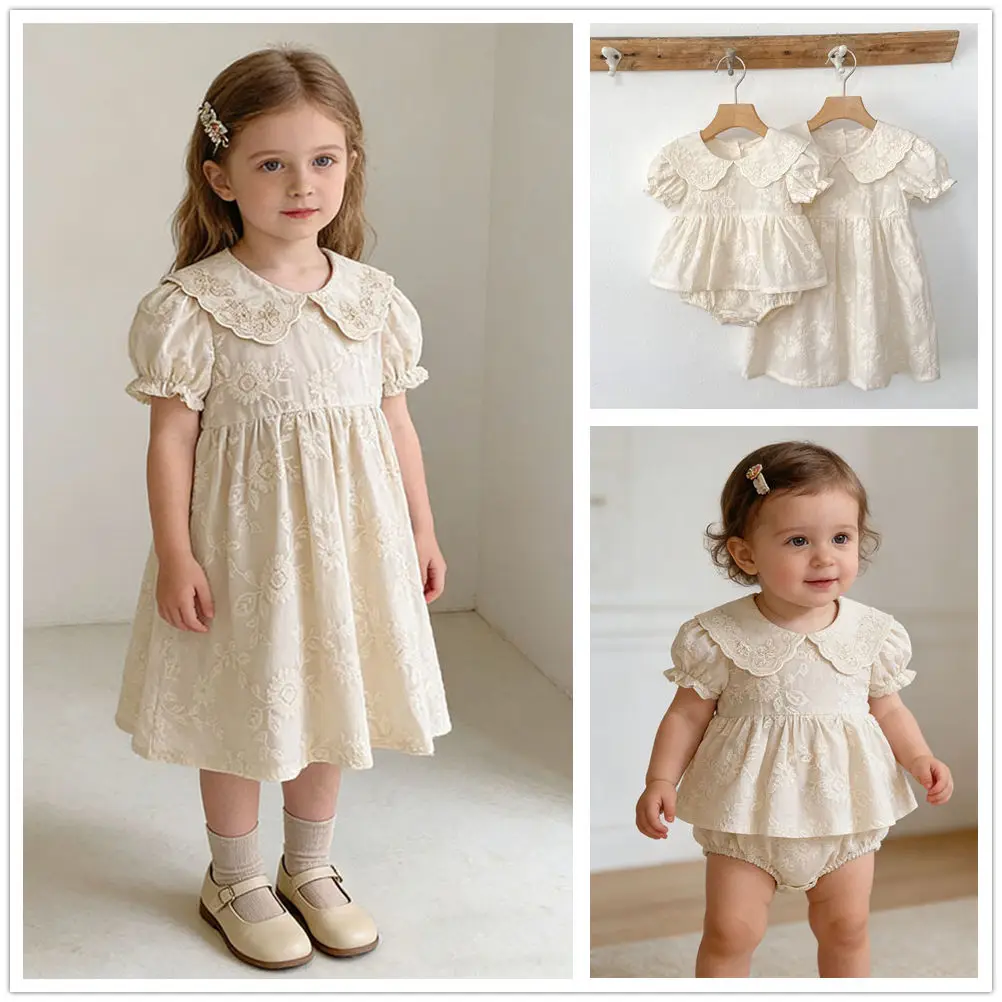 

Baby Girls Summer Romper Dress Set Short Sleeve Floral Embroidery Matching Outfit for Infant Sisters Cotton Princess Clothes