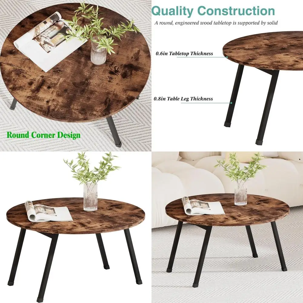 

Compact Rustic Folding Coffee Table, Round Space-Saving Mid Century Design for Living & Office, Easy Assembly, Brown