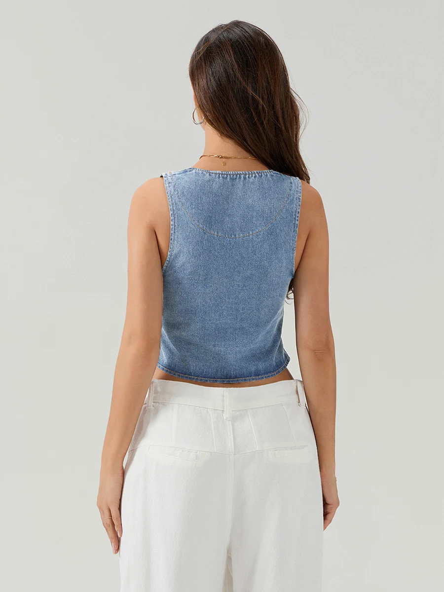 Women Denim Tank Tops Streetwear Aesthetic 2000s Slim Solid Color Front Tie-Up Casual Vests Summer Fashion Sleeveless Crop Tops