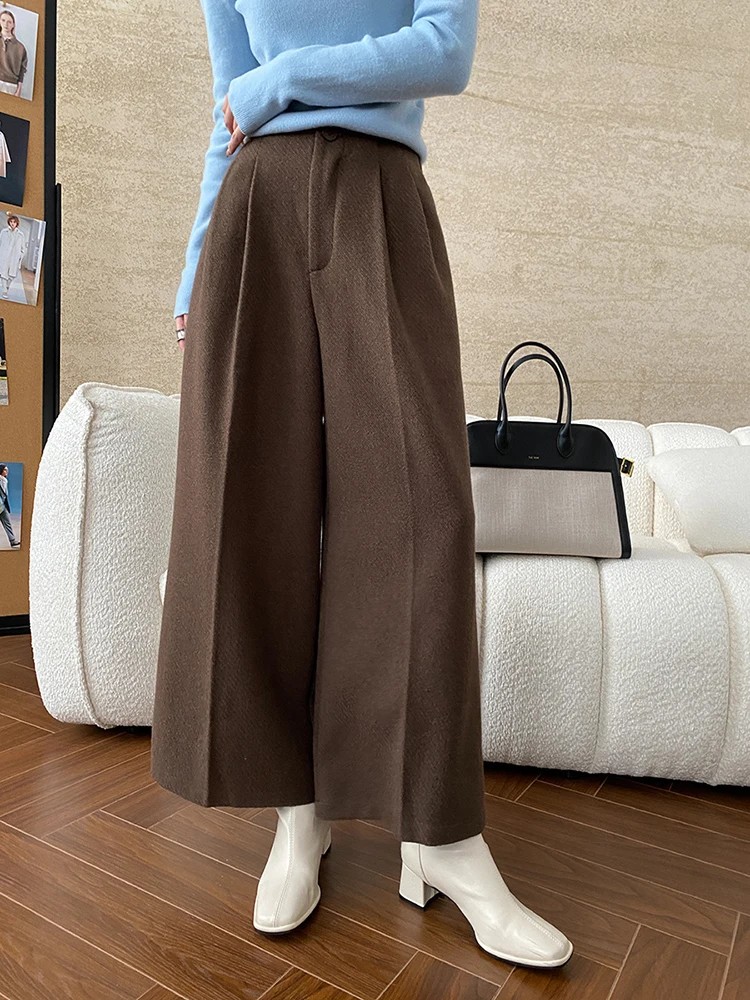 [EAM] High Waist Coffee Pleated Long Thick Wide Leg Woolen Pants New Trousers Women Fashion Tide Autumn Winter 2024 1DH7872