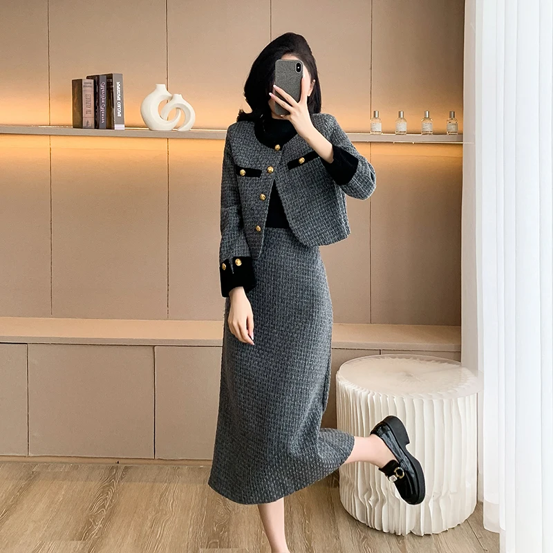 Luxury Korean Fashion Vintage Women Autumn Winter Tweed 2 Piece Set Short Coat Outwer+Casual Party Long Skirts Sets