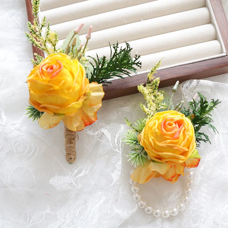 

Yellow Bohemian Rose Flower Corsage & Wristlet Set - Perfect for Brides, Groomsmen, and Wedding Decorations 25044