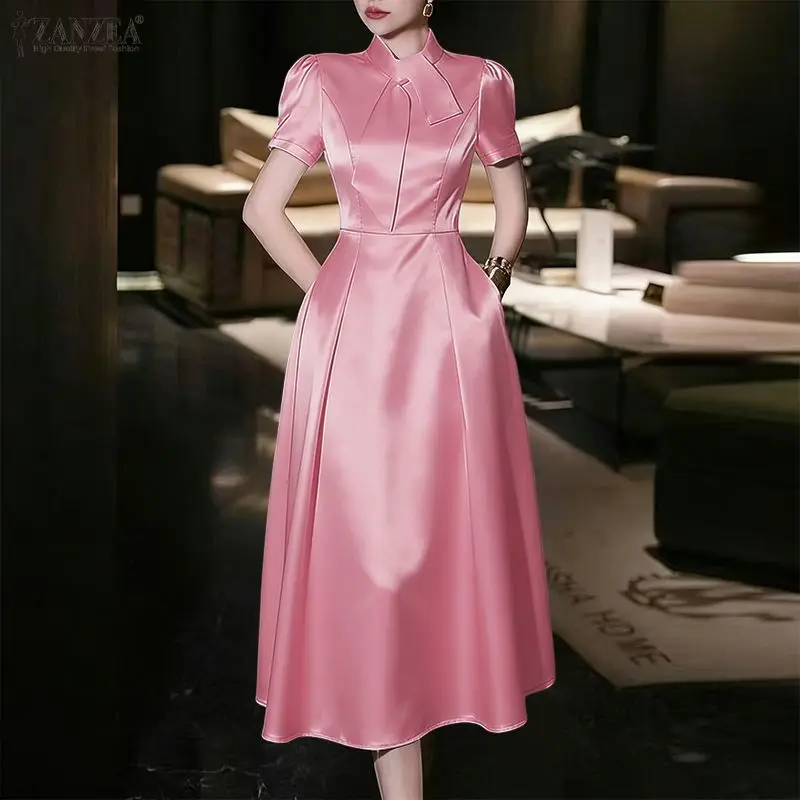 Elegantes rosafarbenes Satin-Partykleid für Damen mit Bindeausschnitt, kurzen Ärmeln, A-Linie, Midi-Kleider, ZANZEA, Abendkleider für Damen, 3XL