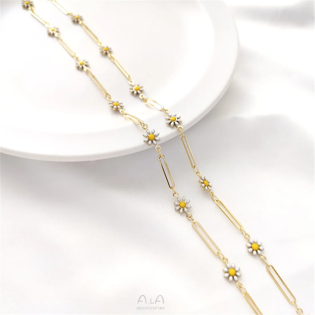 14K Gold Wrapped Small Daisy Pearl Flower Chain Handcrafted DIY Homemade Bracelet Necklace Jewelry Handcrafted Loose Chain B667